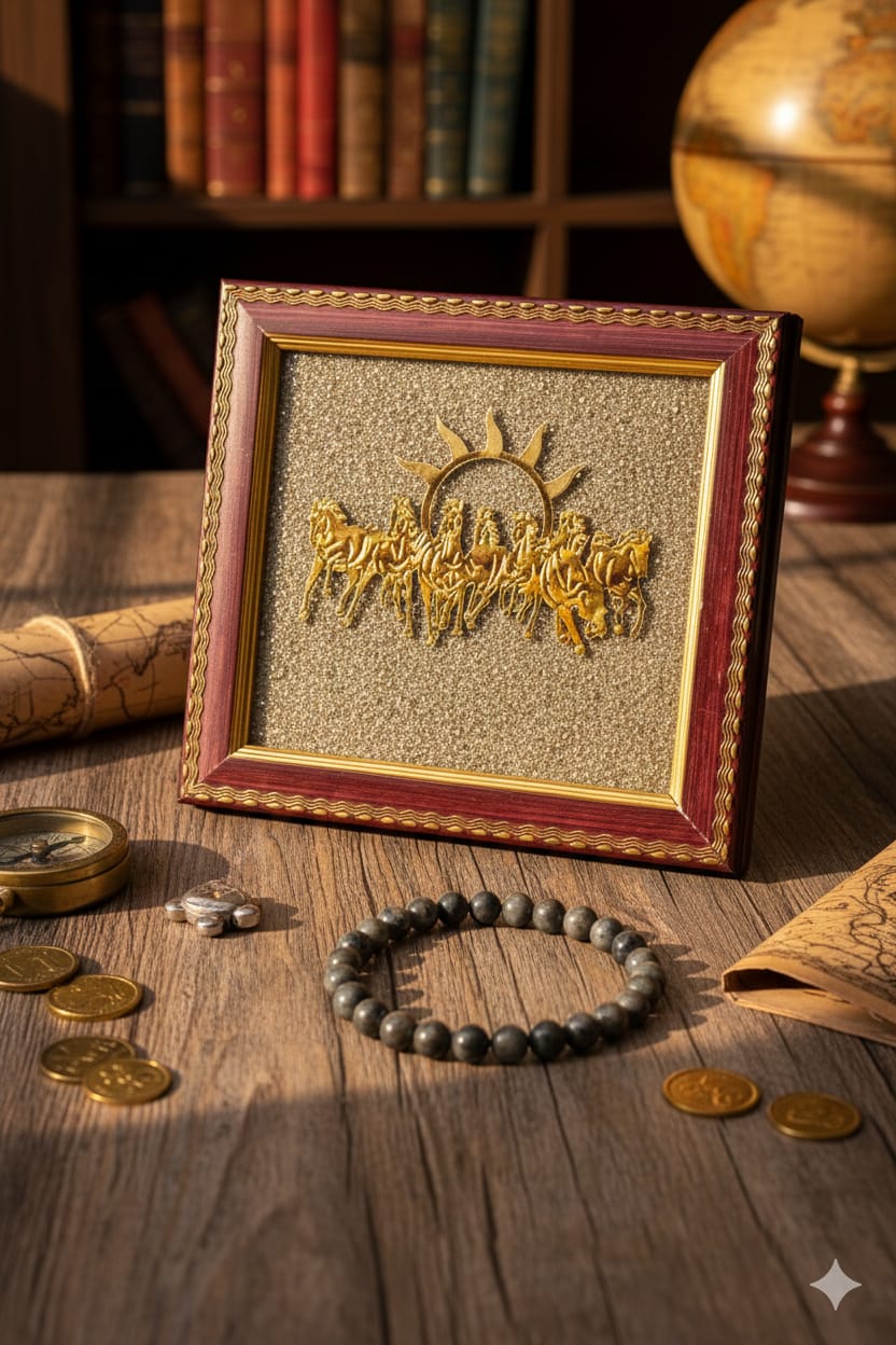 Pyrite 7 Running Horses Vastu Frame, Bracelet & Turtle Combo - RatnaSetu