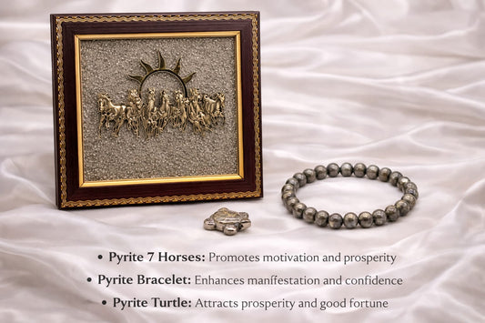Pyrite 7 Running Horses Vastu Frame, Bracelet & Turtle Combo - RatnaSetu