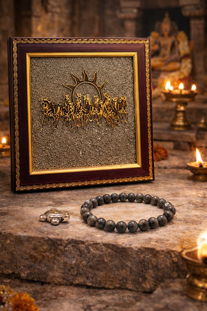 Pyrite 7 Running Horses Vastu Frame, Bracelet & Turtle Combo - RatnaSetu