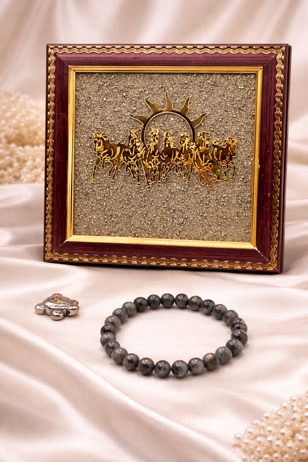 Pyrite 7 Running Horses Vastu Frame, Bracelet & Turtle Combo - RatnaSetu