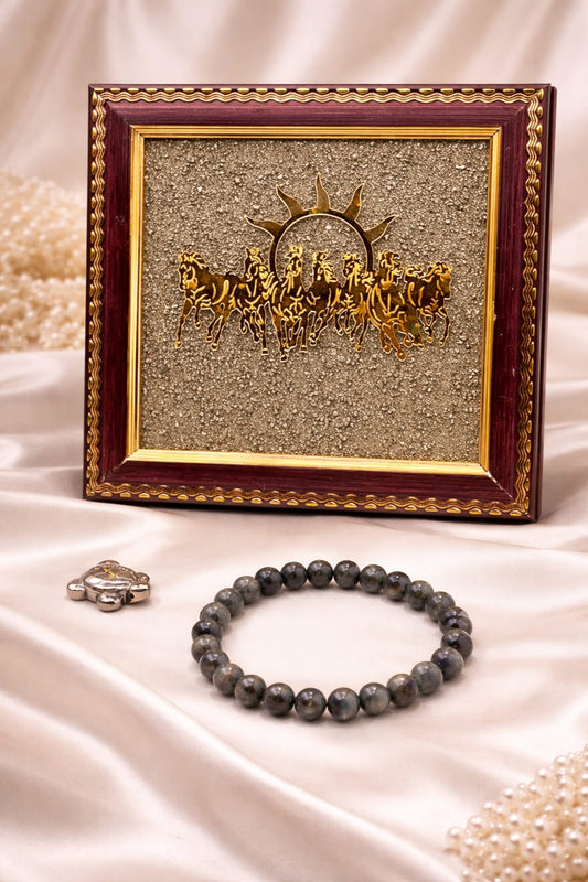 Pyrite 7 Running Horses Vastu Frame, Bracelet & Turtle Combo - RatnaSetu