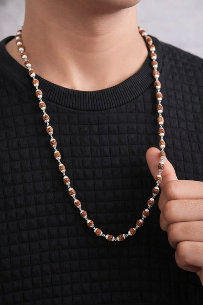 Natural Rudraksha Bead Necklace with Silver Plated Capping for Puja & Meditaiton - RatnaSetu