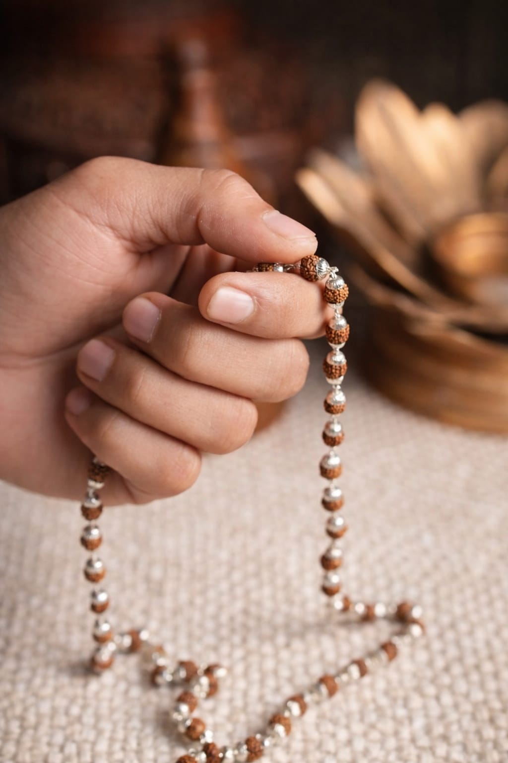 Natural Rudraksha Bead Necklace with Silver Plated Capping for Puja & Meditaiton - RatnaSetu