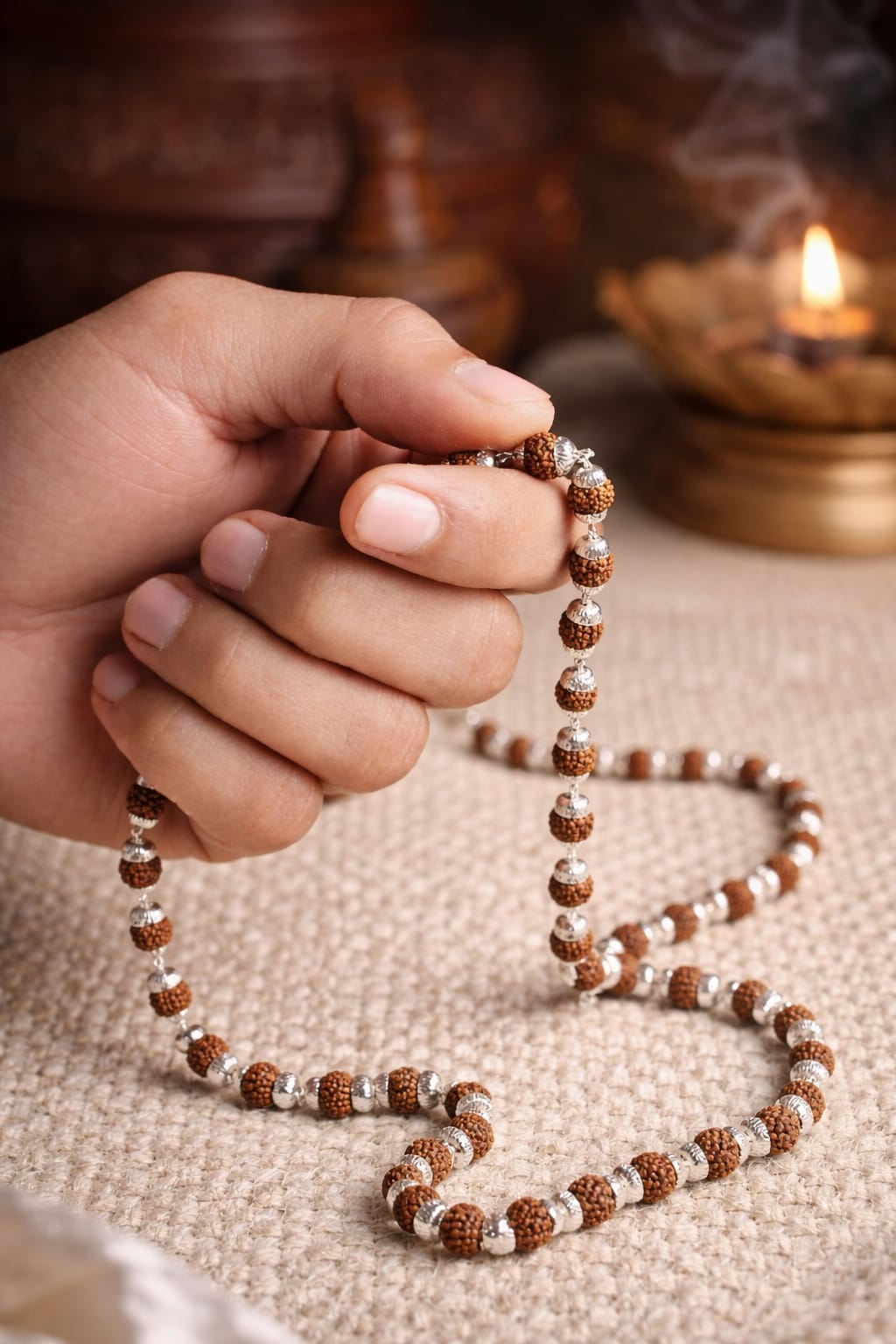 Natural Rudraksha Bead Necklace with Silver Plated Capping for Puja & Meditaiton - RatnaSetu