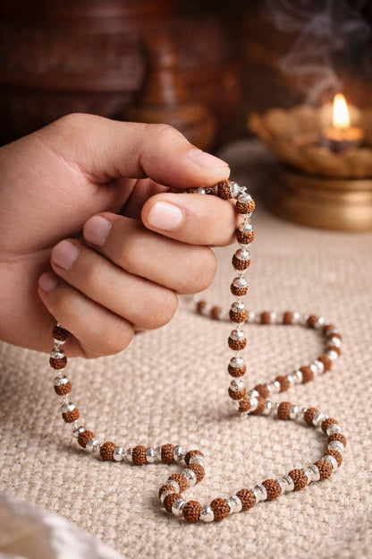 Natural Rudraksha Bead Necklace with Silver Plated Capping for Puja & Meditaiton - RatnaSetu