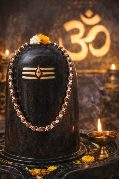 Natural Rudraksha Bead Necklace with Silver Plated Capping for Puja & Meditaiton - RatnaSetu