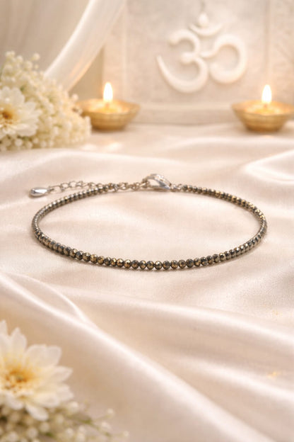 Natural Pyrite Silver Anklet for Good Luck & Evil Eye Protection - RatnaSetu