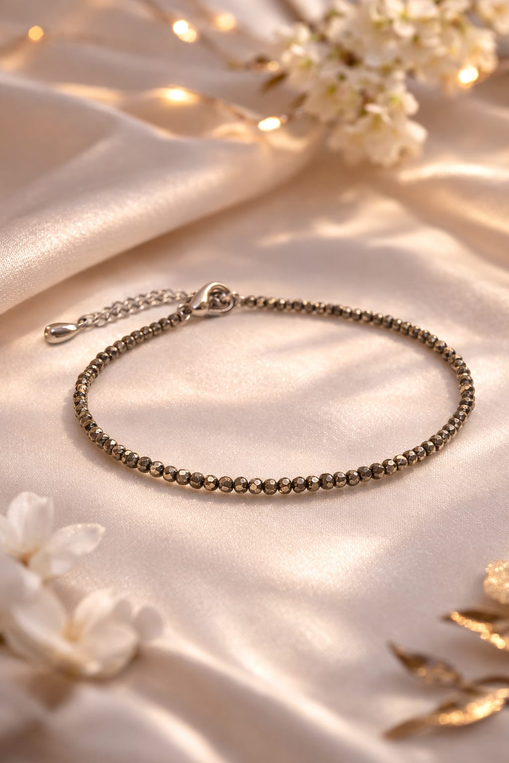 Natural Pyrite Silver Anklet for Good Luck & Evil Eye Protection - RatnaSetu