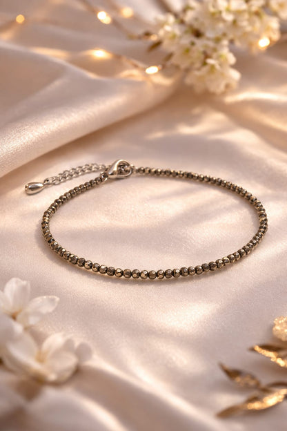 Natural Pyrite Silver Anklet for Good Luck & Evil Eye Protection - RatnaSetu