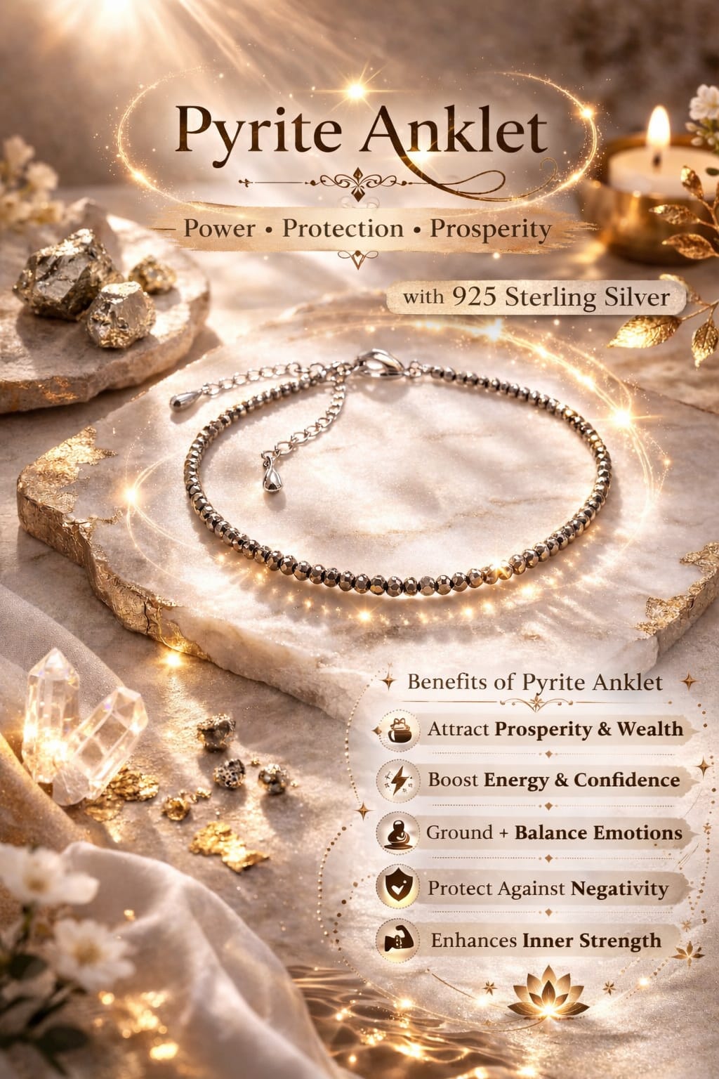 Natural Pyrite Silver Anklet for Good Luck & Evil Eye Protection - RatnaSetu