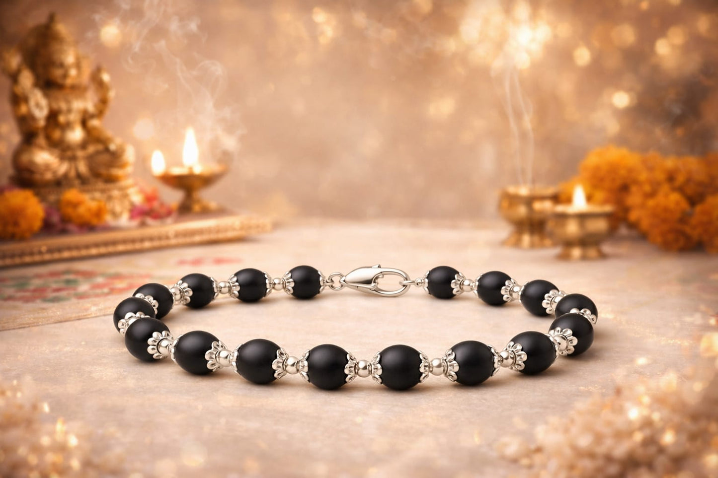 Original Karungali Wood Bracelet with Metal Caps for Success & Protection - RatnaSetu