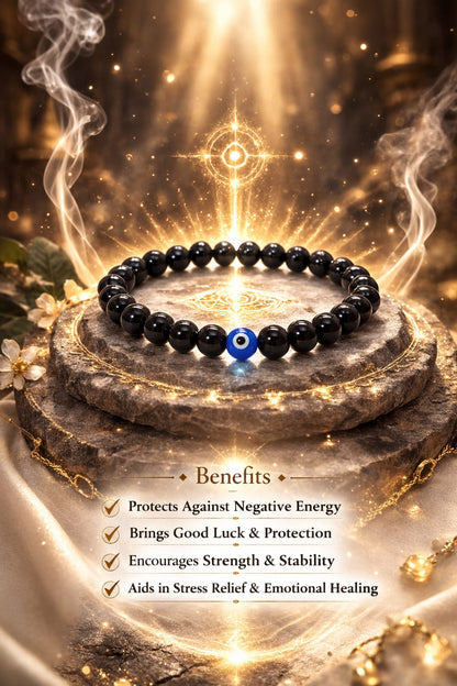 Original Black Onyx with Evil Eye Bracelet by RatnaSetu - Protection & Luck