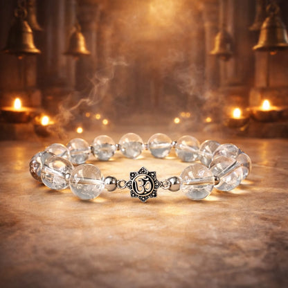 Premium Sphatik Crystal Bracelet with Pure 925 Sterling Silver Om Charm - RatnaSetu