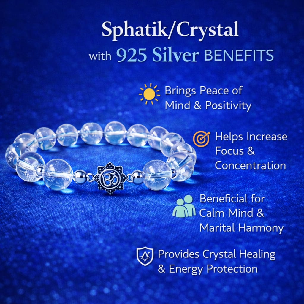 Premium Sphatik Crystal Bracelet with Pure 925 Sterling Silver Om Charm - RatnaSetu