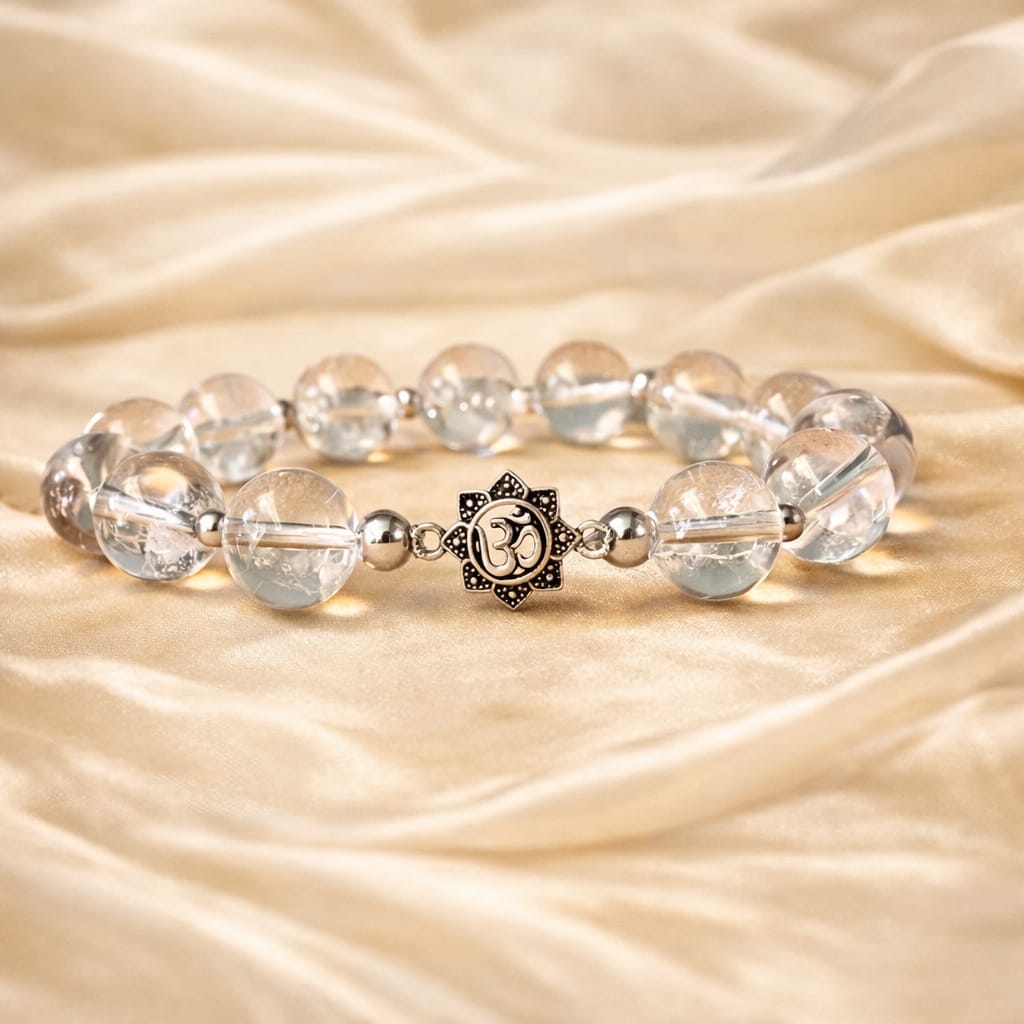 Premium Sphatik Crystal Bracelet with Pure 925 Sterling Silver Om Charm - RatnaSetu