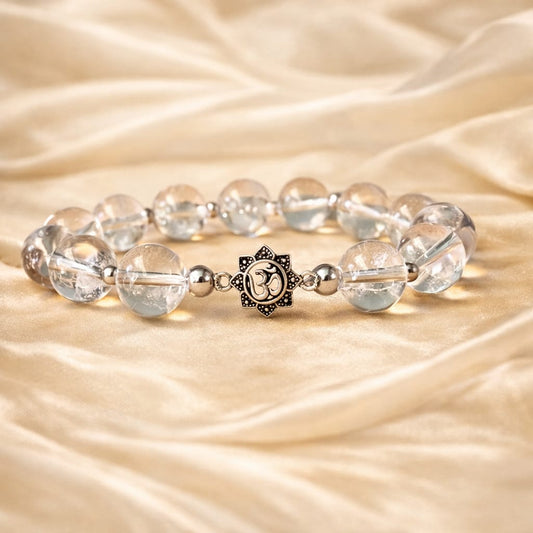 Premium Sphatik Crystal Bracelet with Pure 925 Sterling Silver Om Charm - RatnaSetu