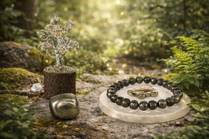 Pyrite Money Magnet Super Combo: Pyrite Bracelet, Tree, Turtle, Tumble & Selenite Plate - RatnaSetu