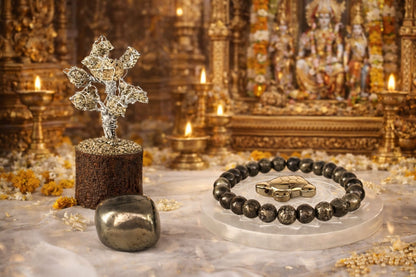 Pyrite Money Magnet Super Combo: Pyrite Bracelet, Tree, Turtle, Tumble & Selenite Plate - RatnaSetu