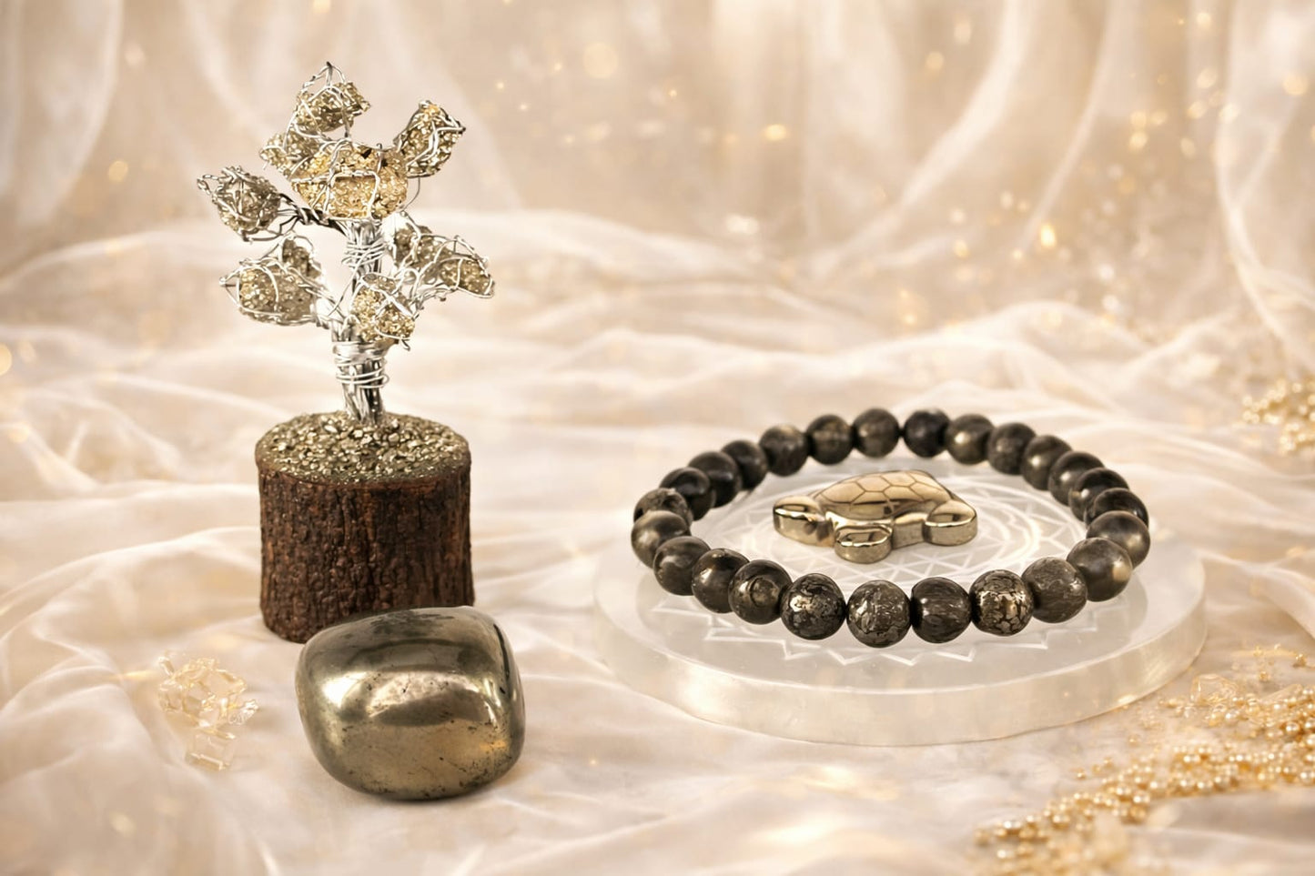 Pyrite Money Magnet Super Combo: Pyrite Bracelet, Tree, Turtle, Tumble & Selenite Plate - RatnaSetu