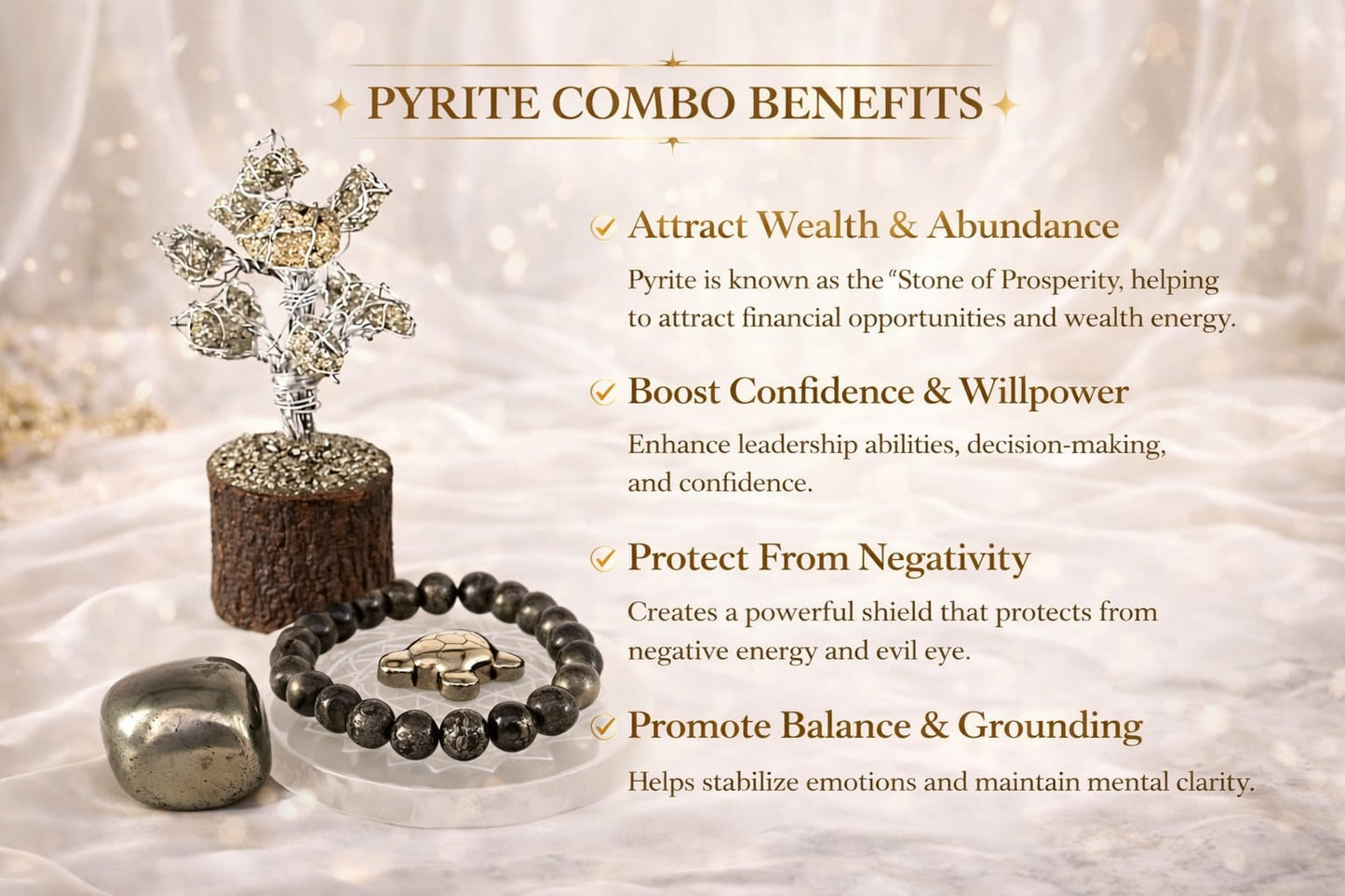 Pyrite Money Magnet Super Combo: Pyrite Bracelet, Tree, Turtle, Tumble & Selenite Plate - RatnaSetu