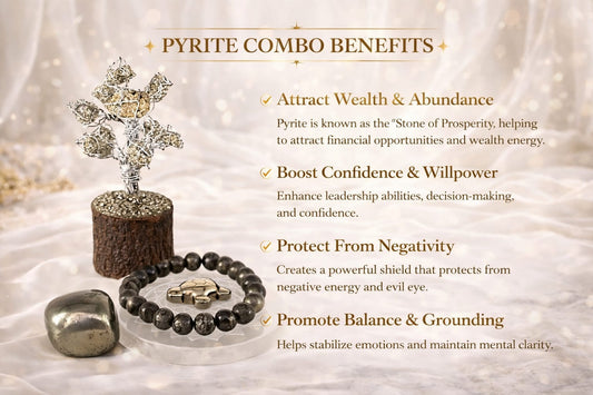 Pyrite Money Magnet Super Combo: Pyrite Bracelet, Tree, Turtle, Tumble & Selenite Plate - RatnaSetu