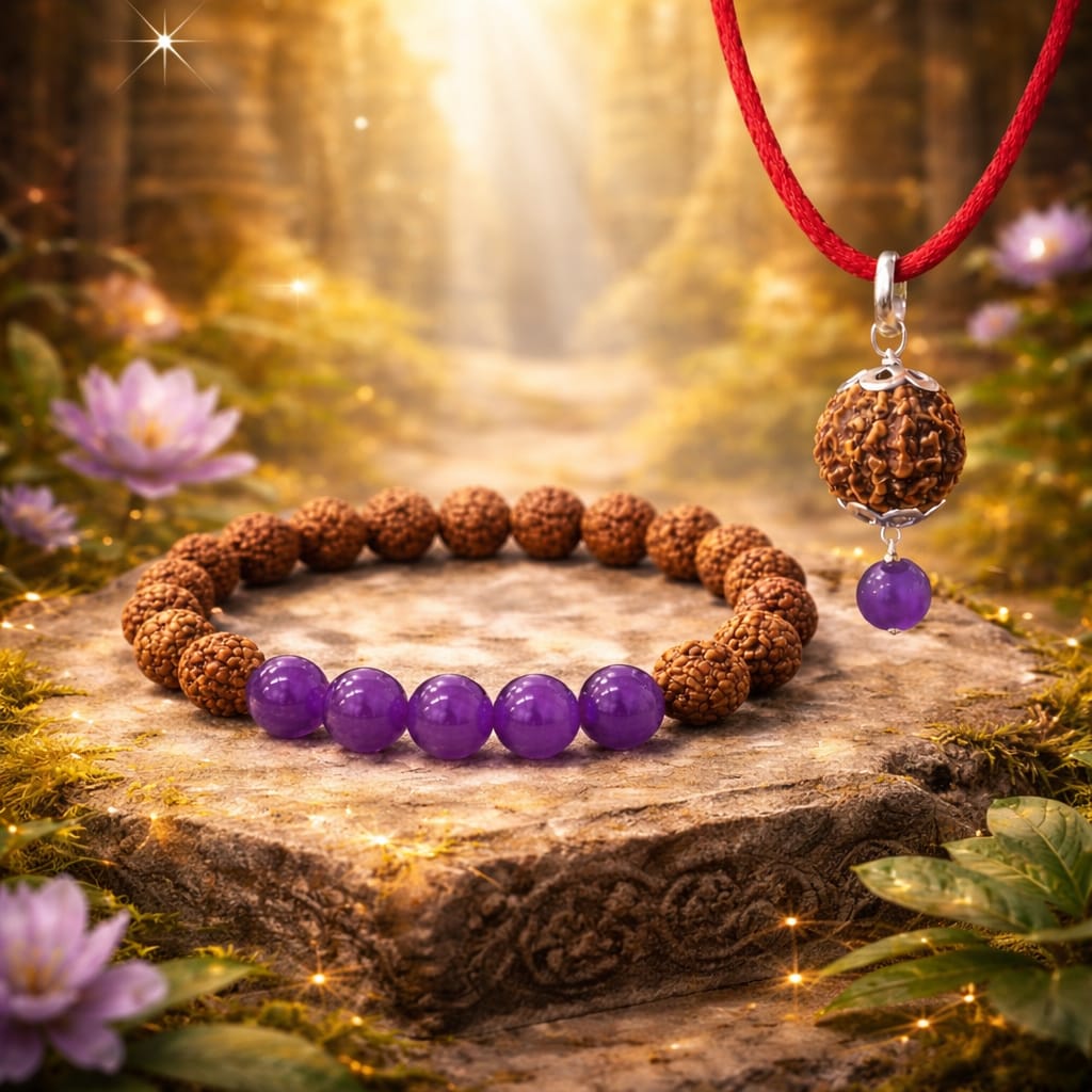 Original Certified Rudraksha & Amethyst Bracelet with Pendant Combo Set | RatnaSetu