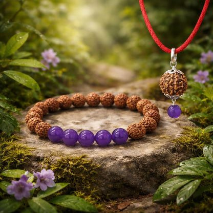 Original Certified Rudraksha & Amethyst Bracelet with Pendant Combo Set | RatnaSetu