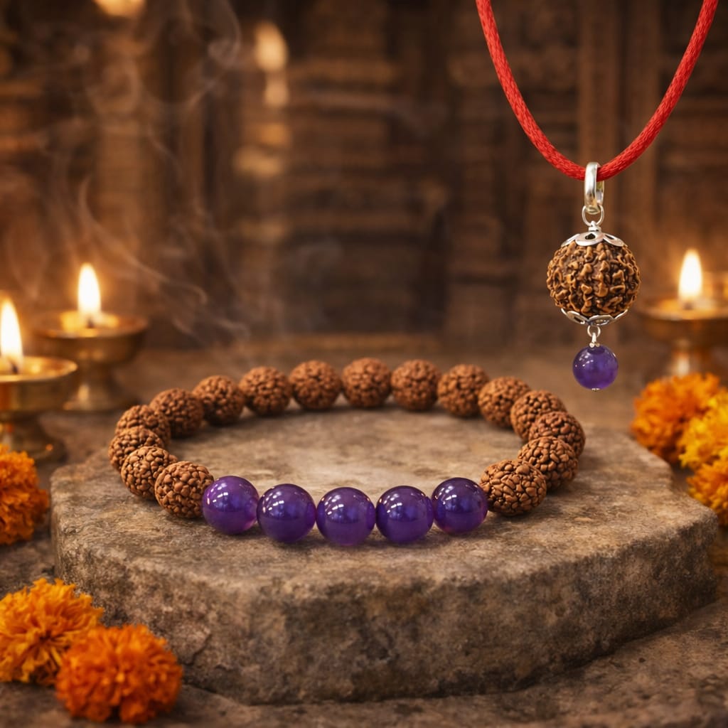 Original Certified Rudraksha & Amethyst Bracelet with Pendant Combo Set | RatnaSetu