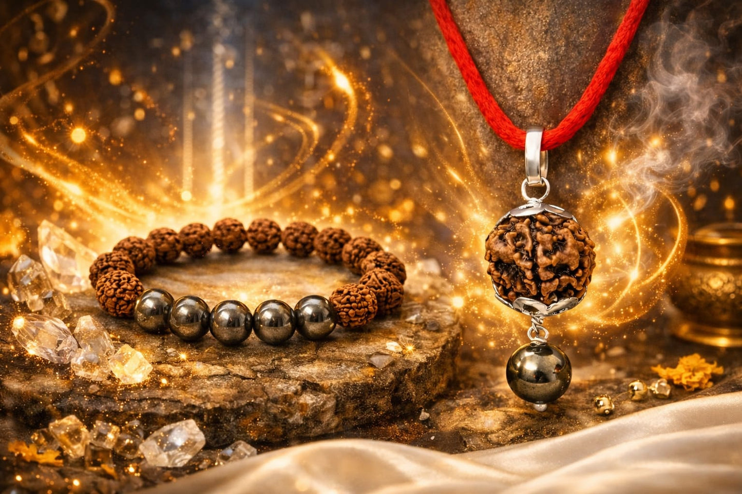 Natural Pyrite & Rudraksha Combo - Wealth & Protection Bracelet and Pendant Set | RatnaSetu