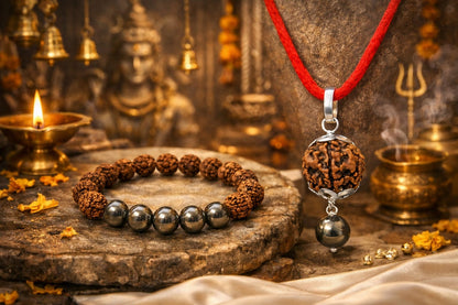 Natural Pyrite & Rudraksha Combo - Wealth & Protection Bracelet and Pendant Set | RatnaSetu