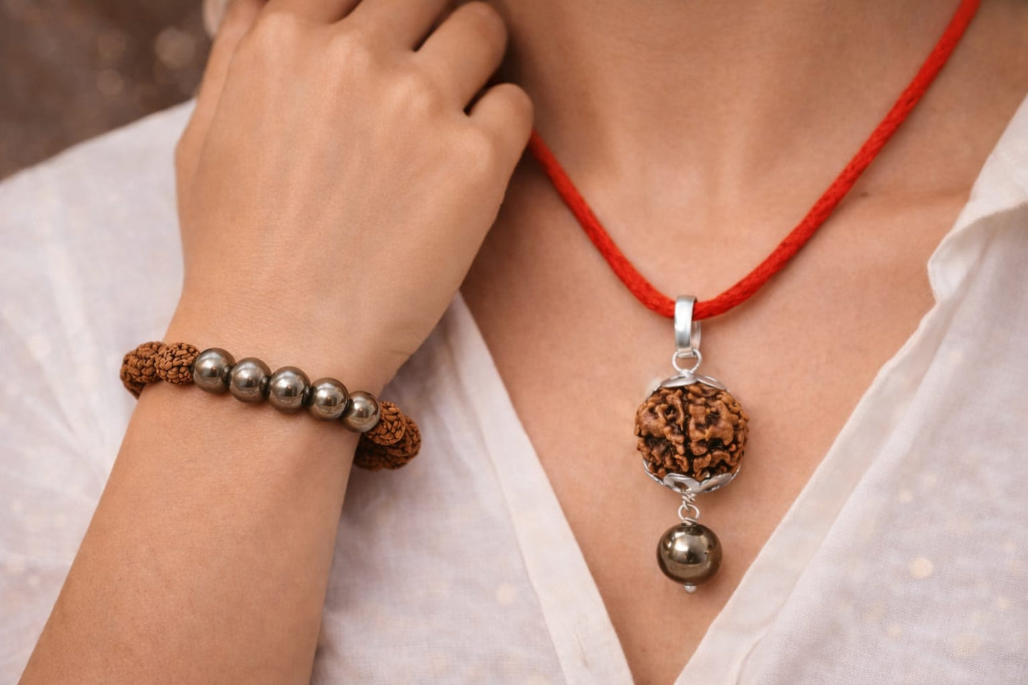 Natural Pyrite & Rudraksha Combo - Wealth & Protection Bracelet and Pendant Set | RatnaSetu