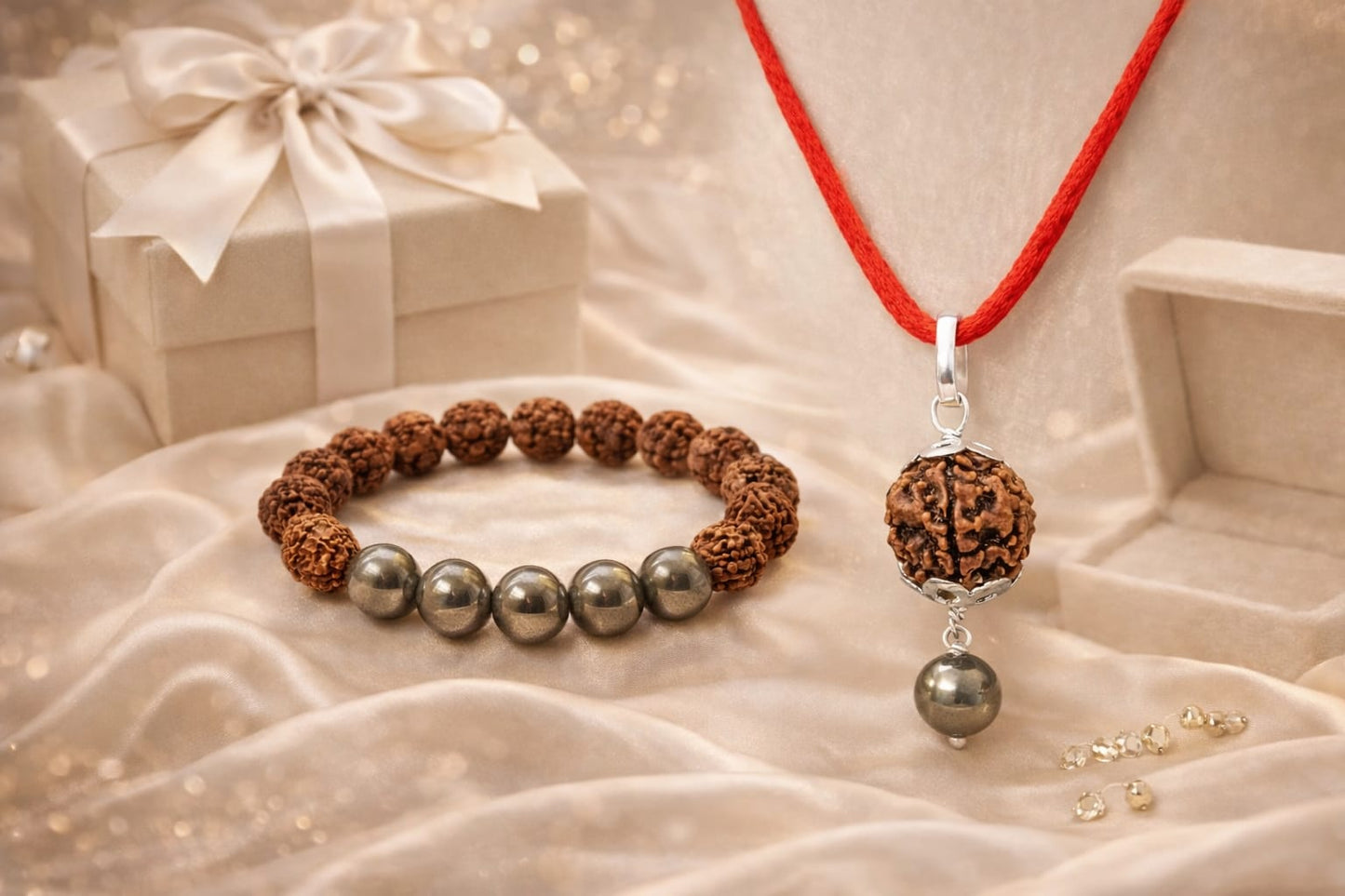 Natural Pyrite & Rudraksha Combo - Wealth & Protection Bracelet and Pendant Set | RatnaSetu
