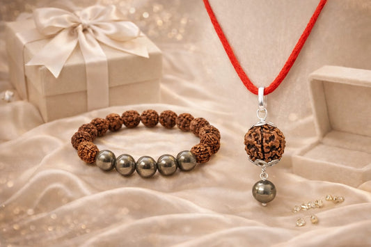 Natural Pyrite & Rudraksha Combo - Wealth & Protection Bracelet and Pendant Set | RatnaSetu