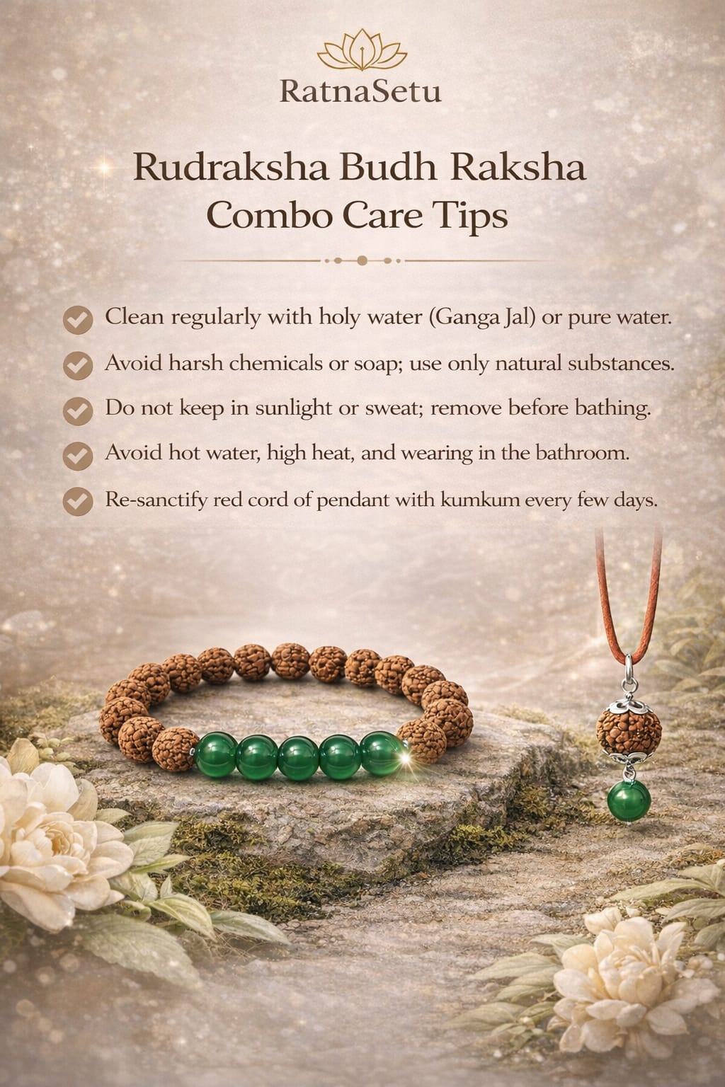 Original Certified Rudraksha & Green Onyx Bracelet with Pendant Combo Set | RatnaSetu