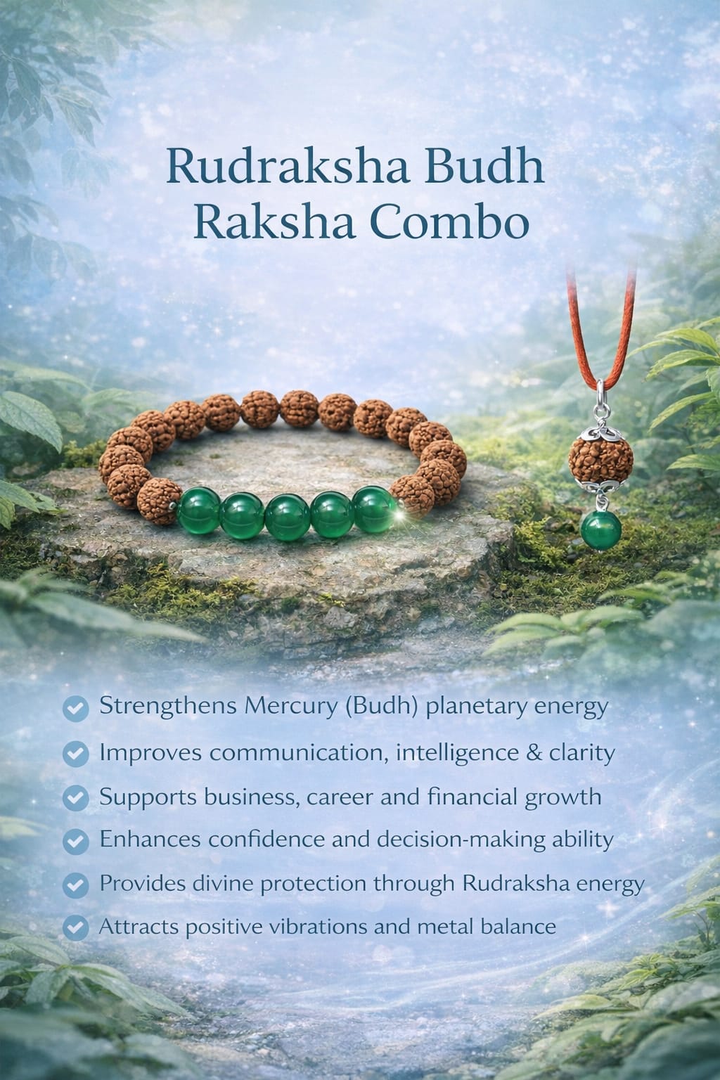 Original Certified Rudraksha & Green Onyx Bracelet with Pendant Combo Set | RatnaSetu