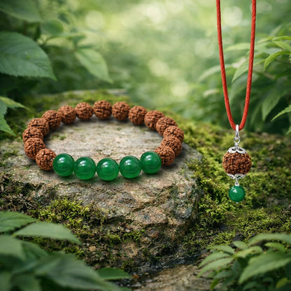 Original Certified Rudraksha & Green Onyx Bracelet with Pendant Combo Set | RatnaSetu
