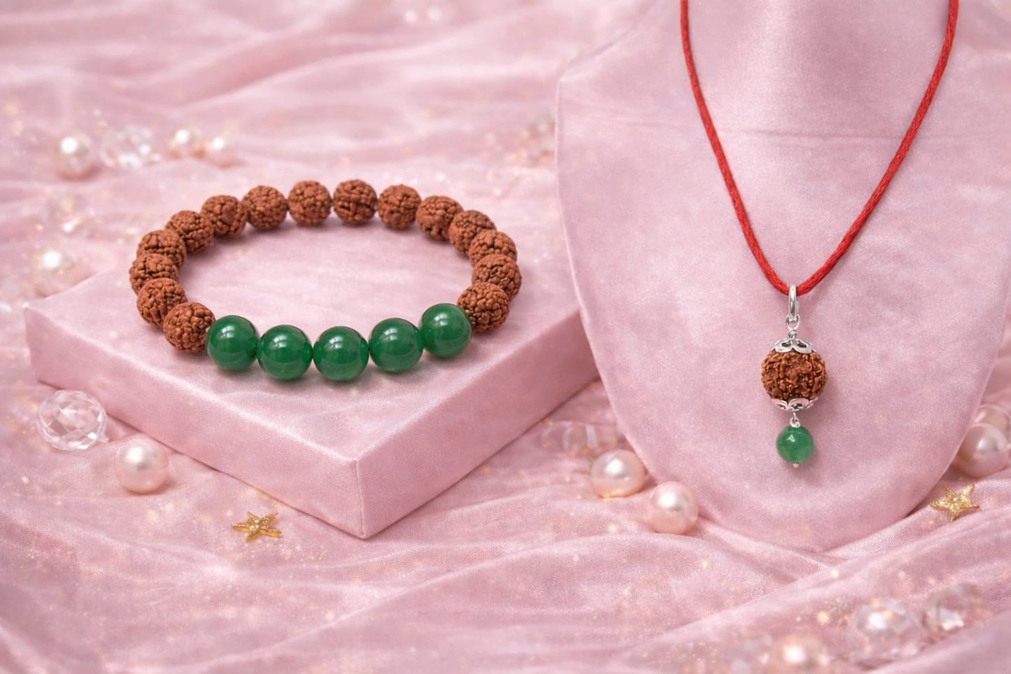 Original Certified Rudraksha & Green Onyx Bracelet with Pendant Combo Set | RatnaSetu