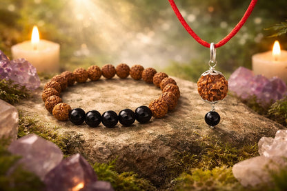 Original Certified Rudraksha & Black Onyx Bracelet with Pendant Combo Set | RatnaSetu