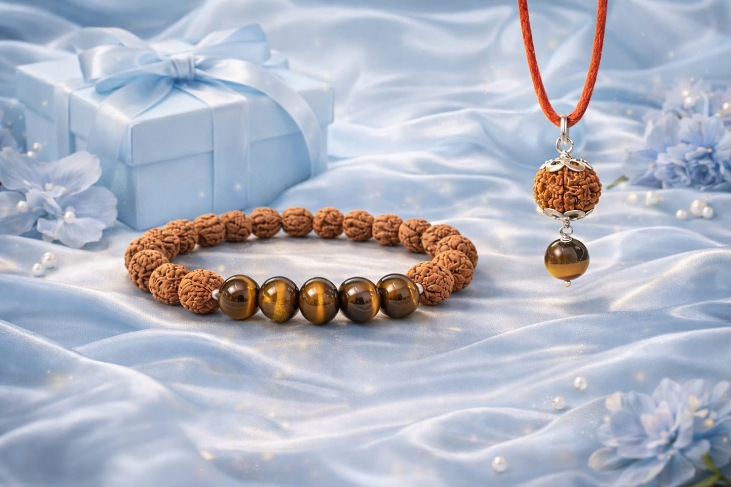 Natural Tiger Eye & Rudraksha Combo - Courage & Protection Bracelet Set | RatnaSetu
