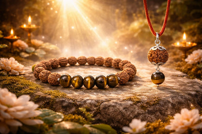 Natural Tiger Eye & Rudraksha Combo - Courage & Protection Bracelet Set | RatnaSetu