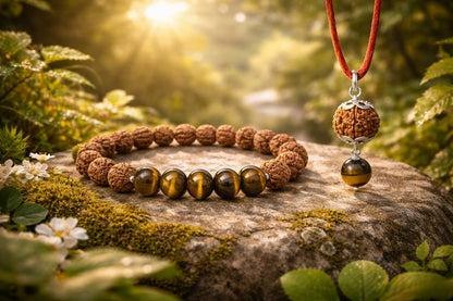Natural Tiger Eye & Rudraksha Combo - Courage & Protection Bracelet Set | RatnaSetu