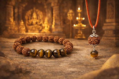 Natural Tiger Eye & Rudraksha Combo - Courage & Protection Bracelet Set | RatnaSetu