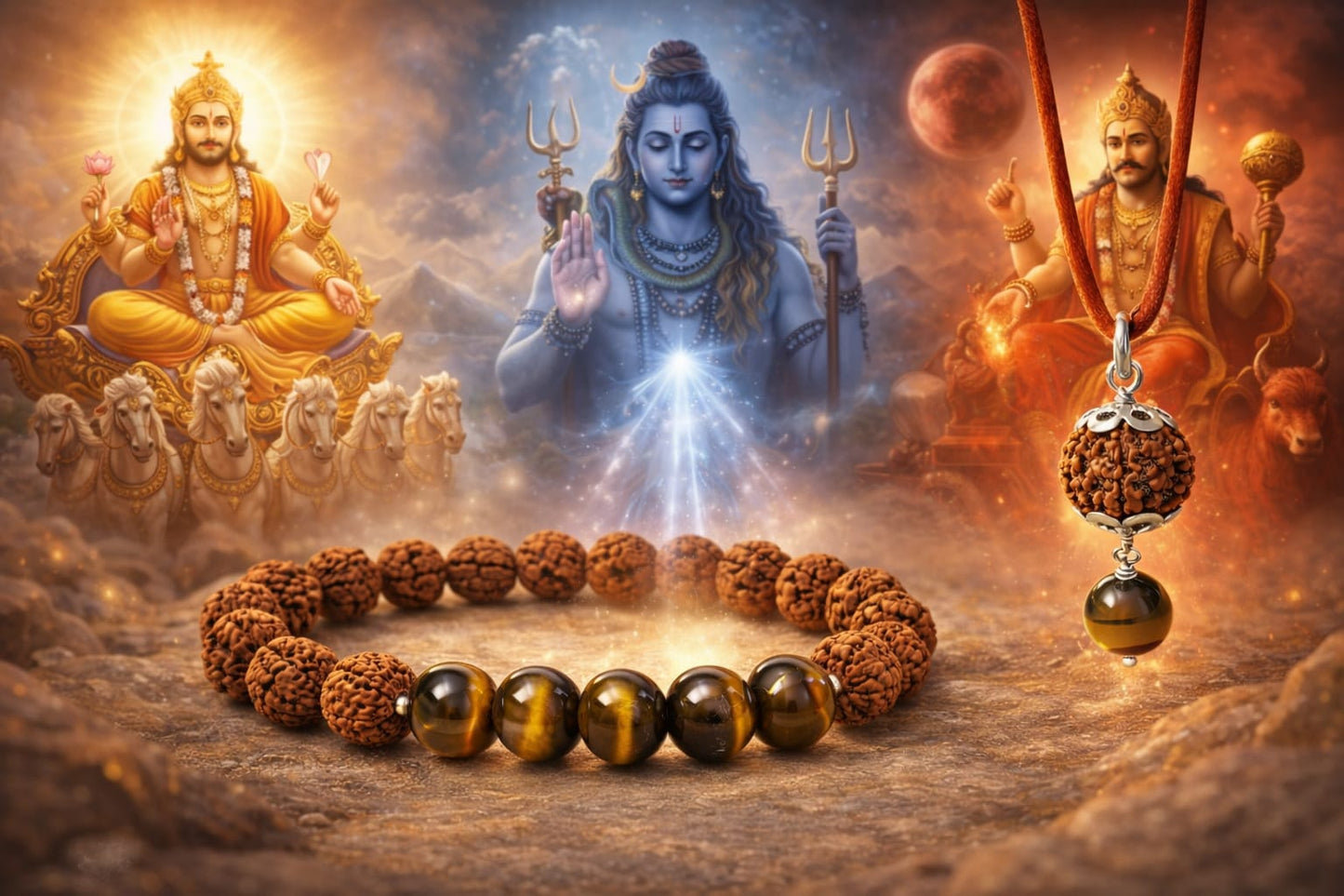 Natural Tiger Eye & Rudraksha Combo - Courage & Protection Bracelet Set | RatnaSetu