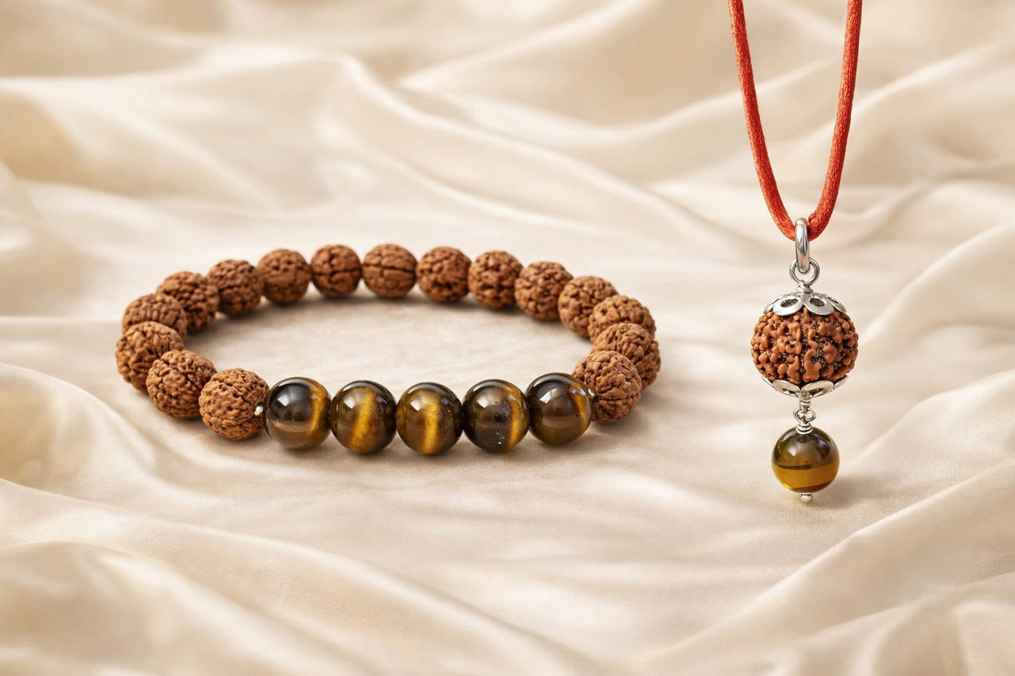 Natural Tiger Eye & Rudraksha Combo - Courage & Protection Bracelet Set | RatnaSetu