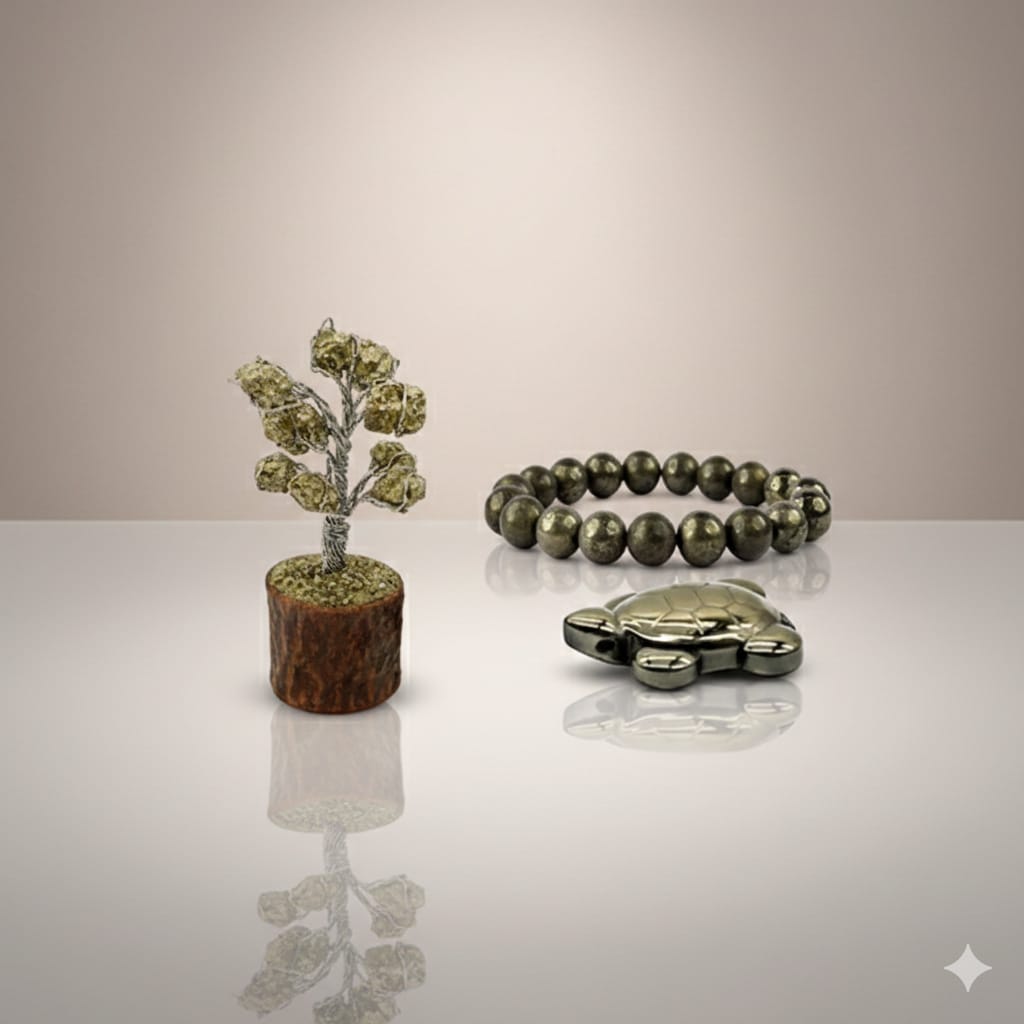 Pyrite Money Magnet Super Combo: Pyrite Bracelet, Tree, Turtle, Tumble & Selenite Plate - RatnaSetu