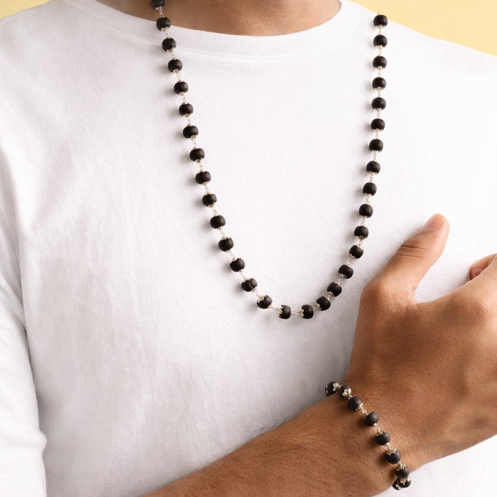 Original Karungali Mala and Bracelet Combo with Silver Plated Caps - RatnaSetu