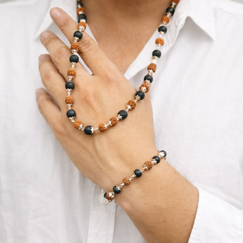 Original Karungali & Rudraksha Mala with Bracelet Combo - Silver Plated Caps - RatnaSetu