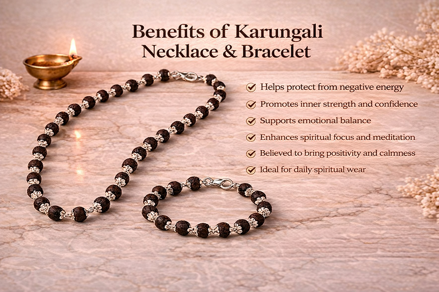 Original Karungali Mala and Bracelet Combo with Silver Plated Caps - RatnaSetu
