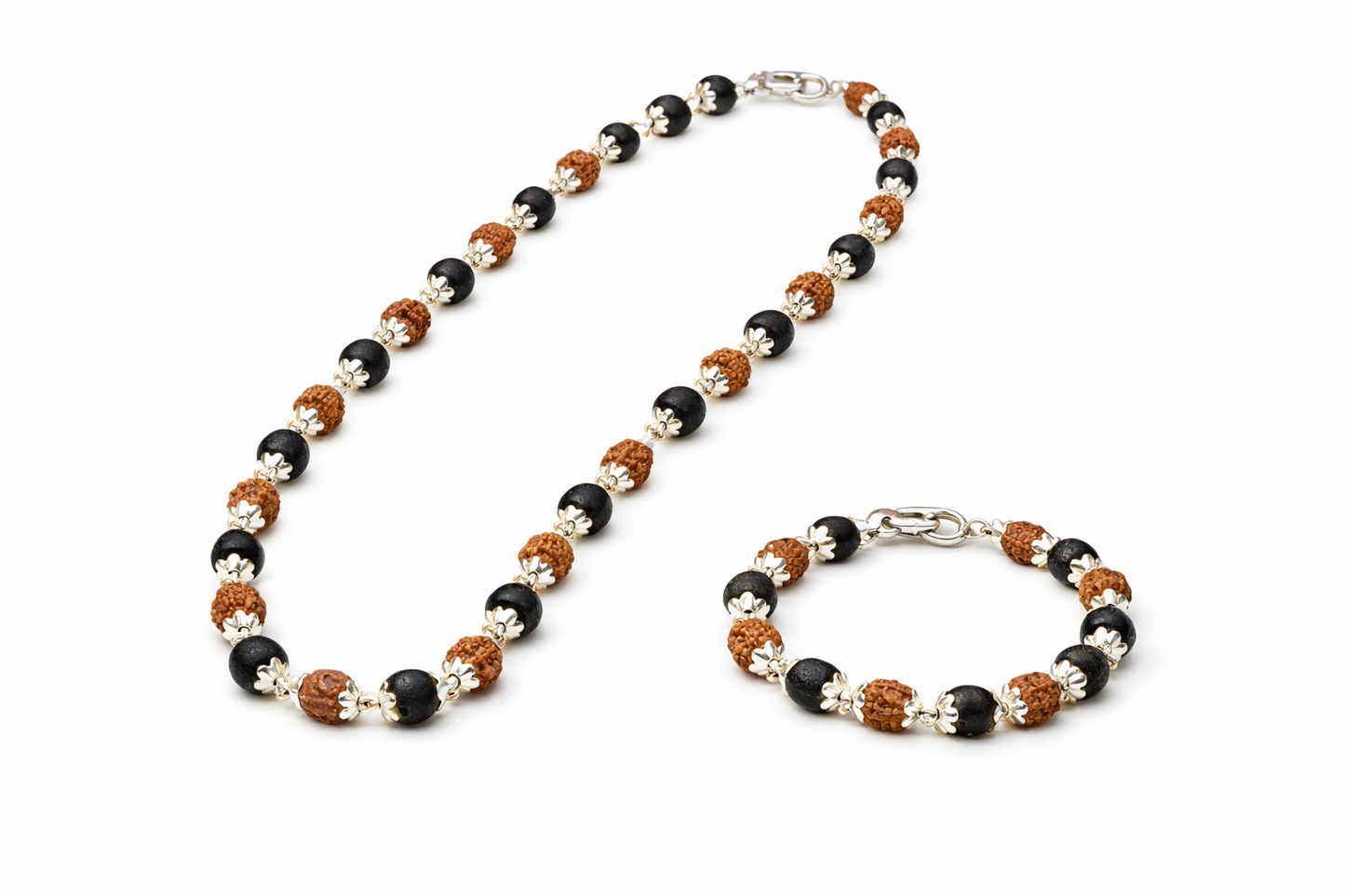 Original Karungali & Rudraksha Mala with Bracelet Combo - Silver Plated Caps - RatnaSetu