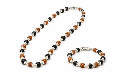 Original Karungali & Rudraksha Mala with Bracelet Combo - Silver Plated Caps - RatnaSetu